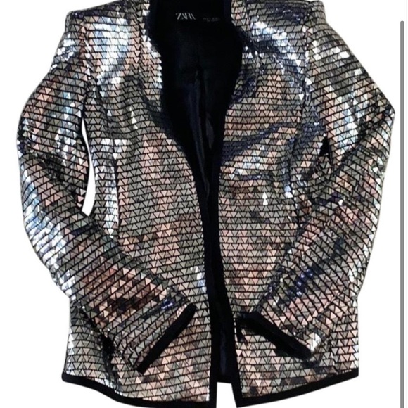 ZARA Silver Sequin Blazer XS SOLD OUT - Picture 3 of 5